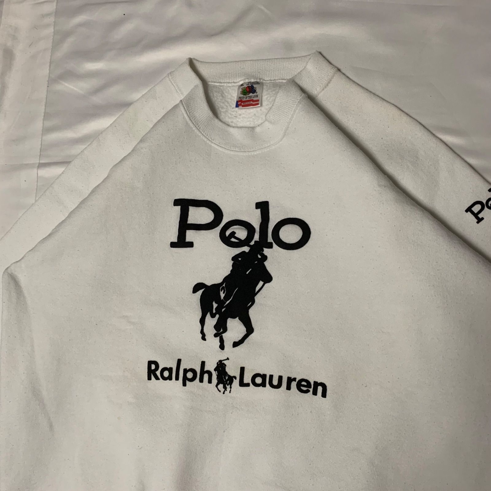 90s Fruit Of The Loom “Bootleg Ralph Lauren” Crew Neck Sweat Shirt フルーツオブザルーム クルーネックスウェット 長袖 ホワイト XLサイズ 米国製 USA製 ラルフローレン ブートレグ