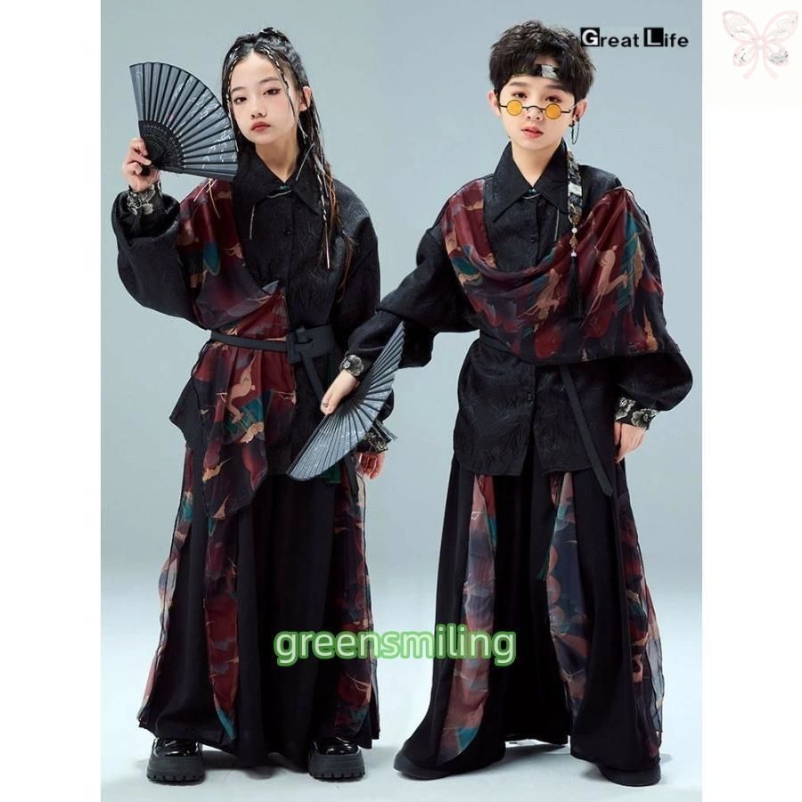 チャイナ風 唐装 黒 トップス カジュアルパンツ キッズ ダンス衣装 セットアップ 上下セット おしゃれ 女の子 男の子 かっこいい かわいい LLC-HASEGAWATOSO_COM