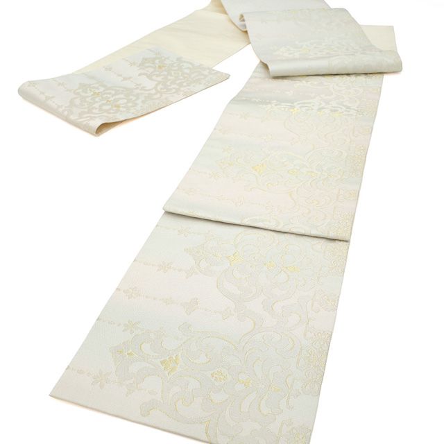 新古品 袋帯 正絹 京都 西陣 シルバー 水色 ピンク シャンデリア華文 金糸 銀糸 フォーマル 春 秋 冬 仕立て上がり みやがわ sb54563