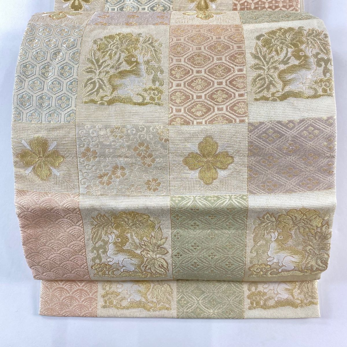 袋帯 名品 夏帯 絽 市松花うさぎ 金糸 箔 ベージュ 六通 正絹 【中古 