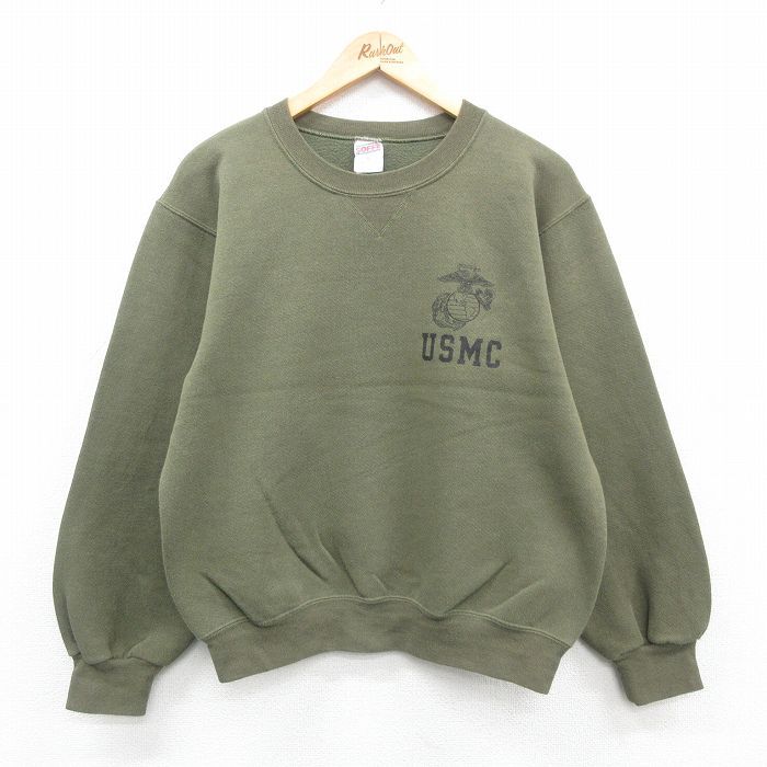 M/古着 長袖 スウェット メンズ 90s ミリタリー USMC ワシ クルーネック 緑系 グリーン 24sep12 中古 スエット トレーナー トップス