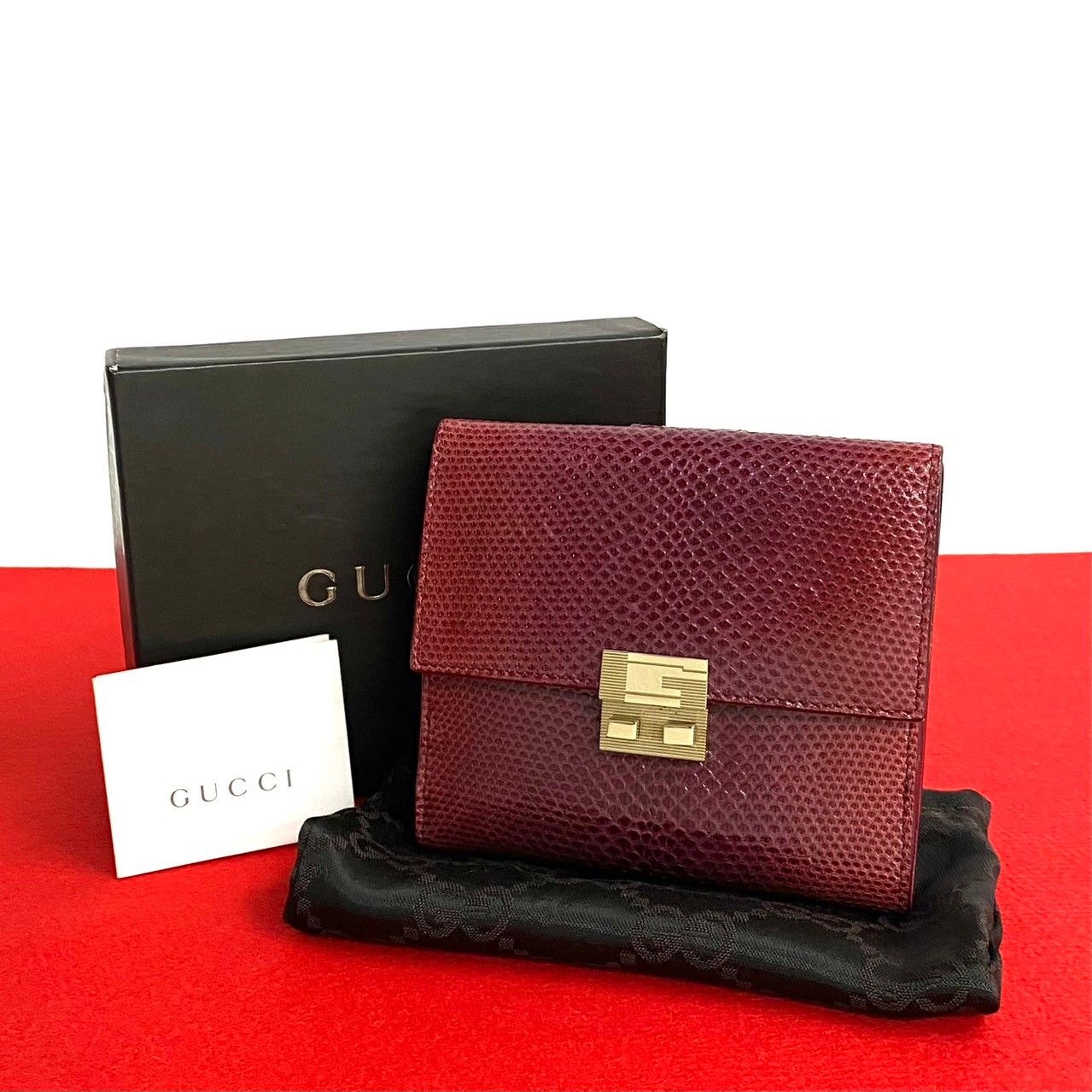 極 美品 箱 袋付き GUCCI グッチ リザードレザー 本革 二つ折り 財布 ミニ ウォレット 小銭入れ コインケース カードケース レッド  57825 - メルカリ