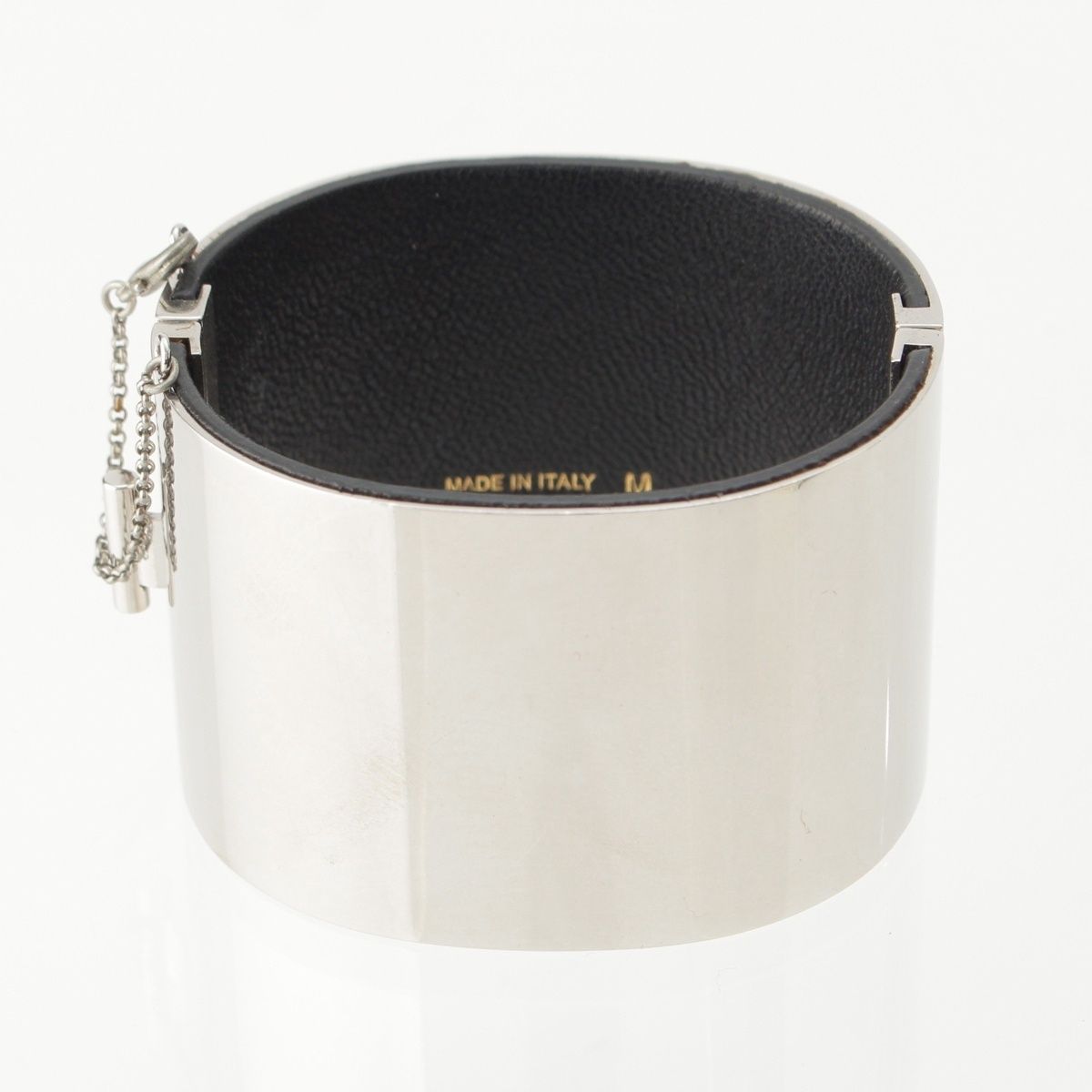 セリーヌ マンシェット レザー ワイド ブレスレット シルバー M【中古