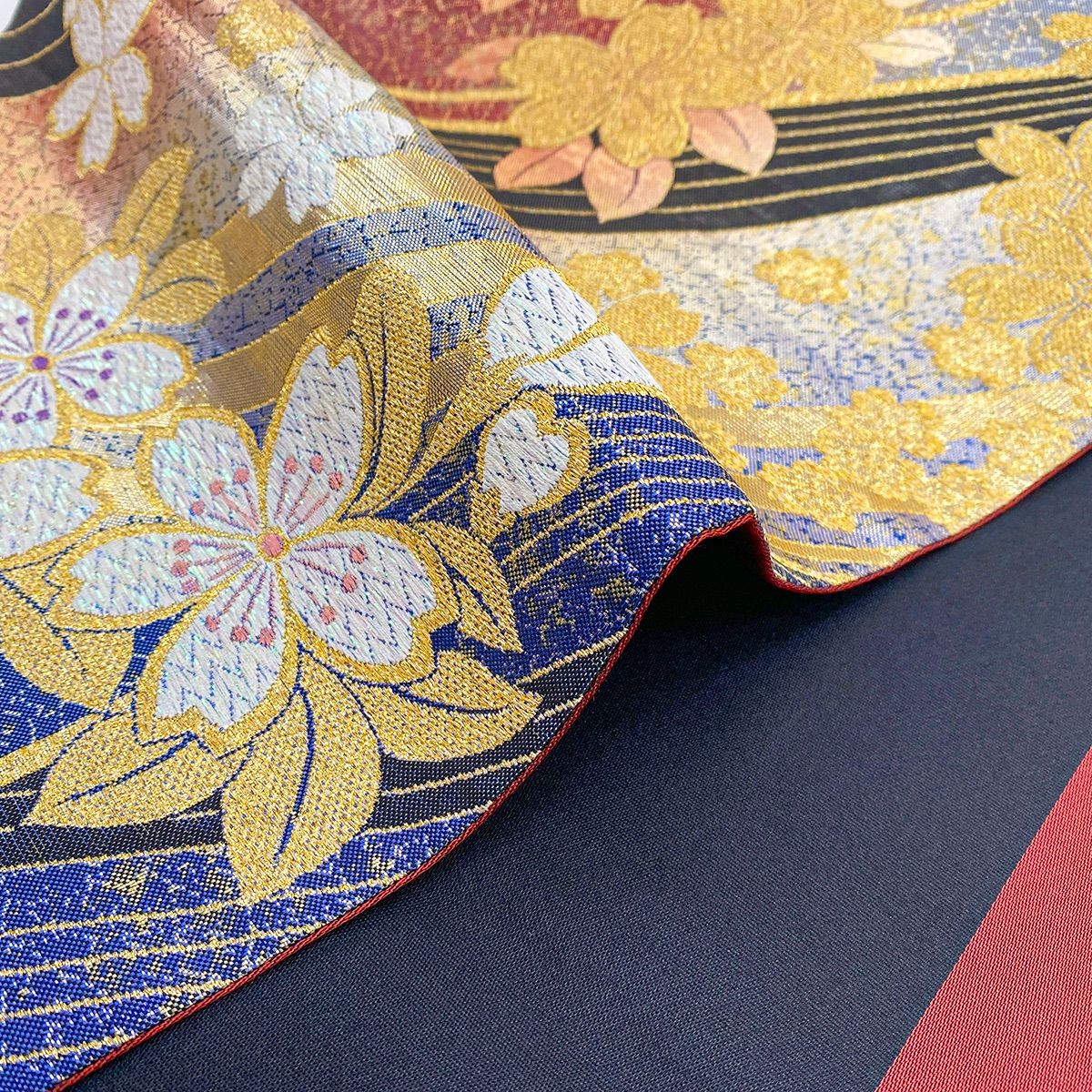 fuox28 正絹 豪華 袋帯 美品 赤色 青色 ガード加工 桜柄 - メルカリ