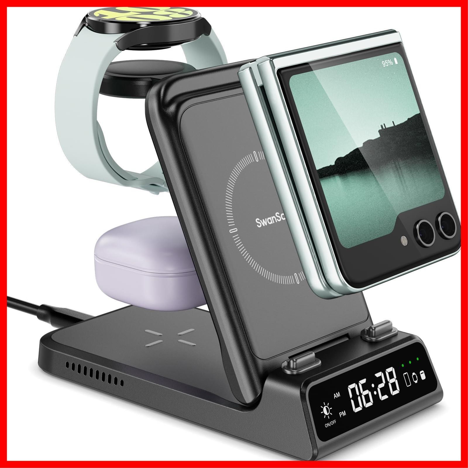 Z Flip対応 3in1 Samsung ワイヤレス充電器 折り畳み 充電スタンド Galaxy Z Flip SwanScout 6/5/4/3シリーズu0026Galaxy Watch＆Galaxy Buds適用 置くだけ充電器 （アダプター別売り）