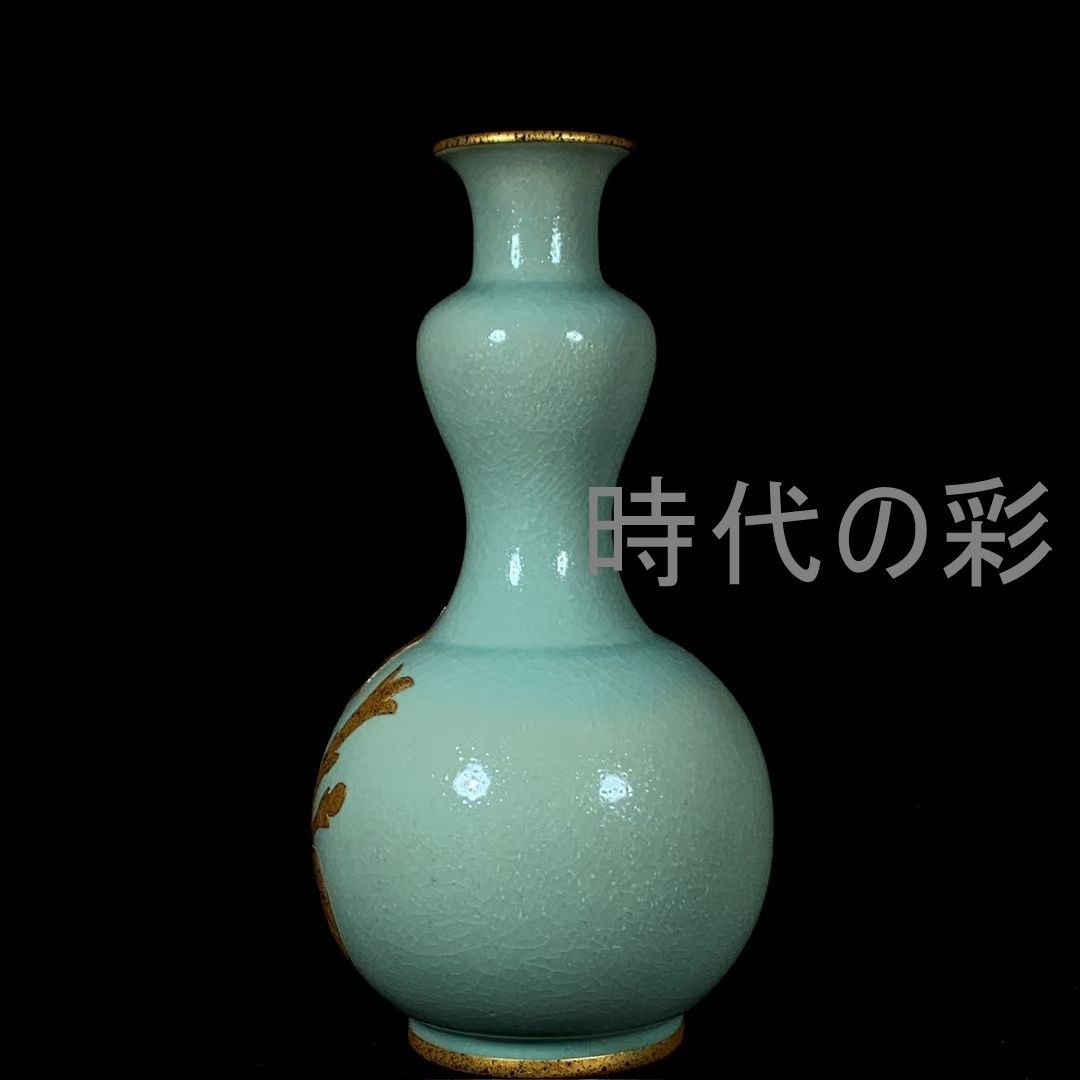 中国古美術 旧蔵 宋汝窯 包口 金彩 花卉文 葫蘆瓶 古陶磁器 花瓶 書斎飾り 中国古玩 唐物 古賞物 時代物 R07092307