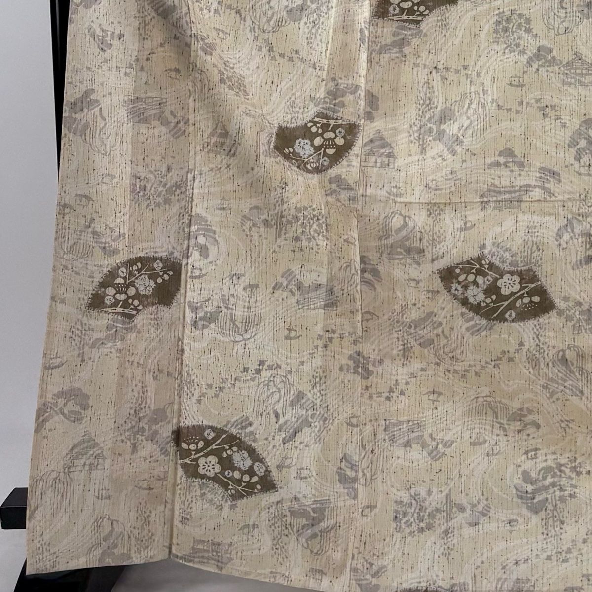 小紋 身丈170cm 裄丈67cm M 単衣 紬地 扇面 枝梅 ベージュ 正絹 秀品