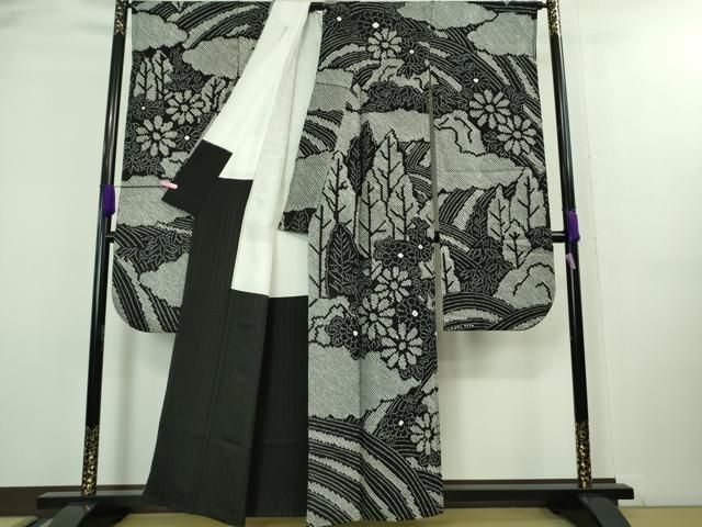 平和屋本店□極上 振袖 駒刺繍 雲取り几帳花文 黒地 金通し