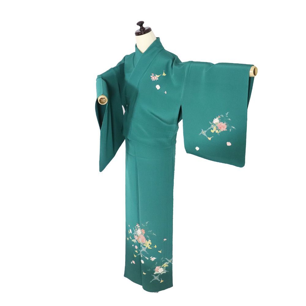 単衣 訪問着 正絹 緑 暈し 花車 菊 桜 銀杏 松 トールサイズ