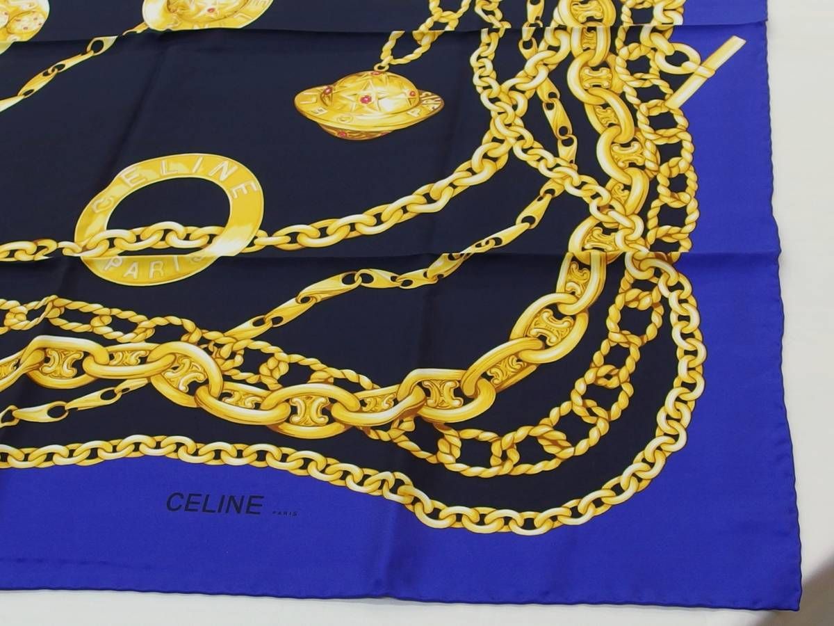 美品☆CELINE セリーヌ チェーン柄 ブルー×ネイビー×ゴールド シルク