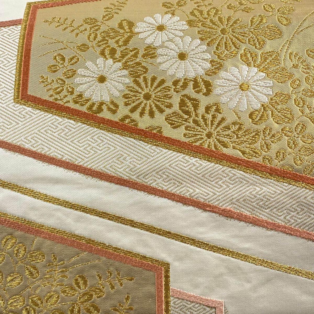 袋帯 川島織物 花菱 金色 正絹 袋帯 秀品 関西仕立て 花菱 唐草 箔 金糸 山吹茶色 六通 正絹