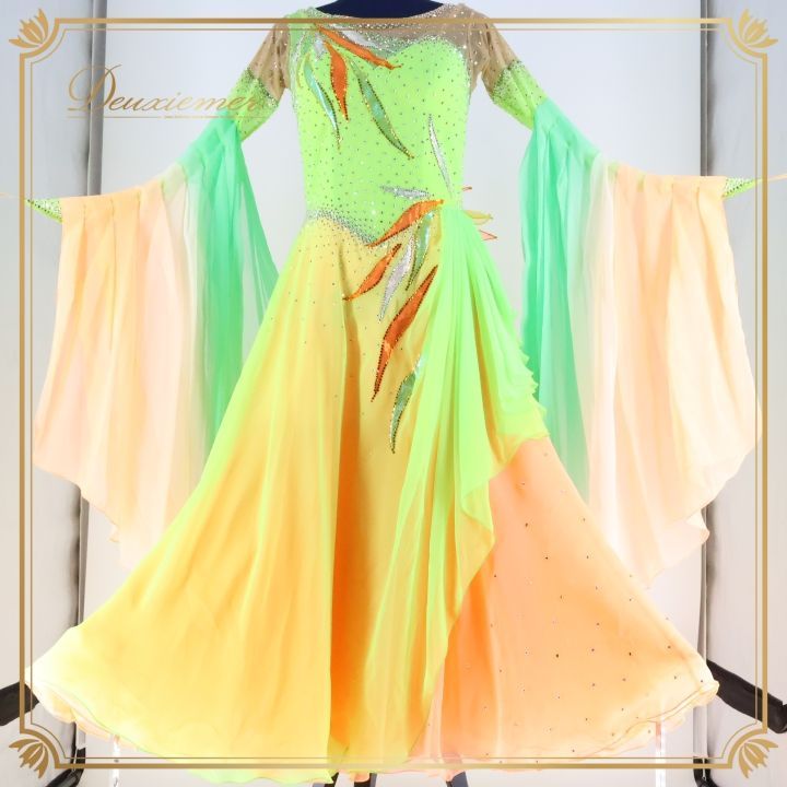 社交ダンス 衣装 白樺ドレス スタンダード ドレス スタンダードドレス ワンピース フロート デモ 競技 ダンス パーティ 発表会 黄緑 オレンジ 蛍光 レース グリーン系 オレンジ系 フロア映え ドレスアップ 感 コスチューム ステージ衣装