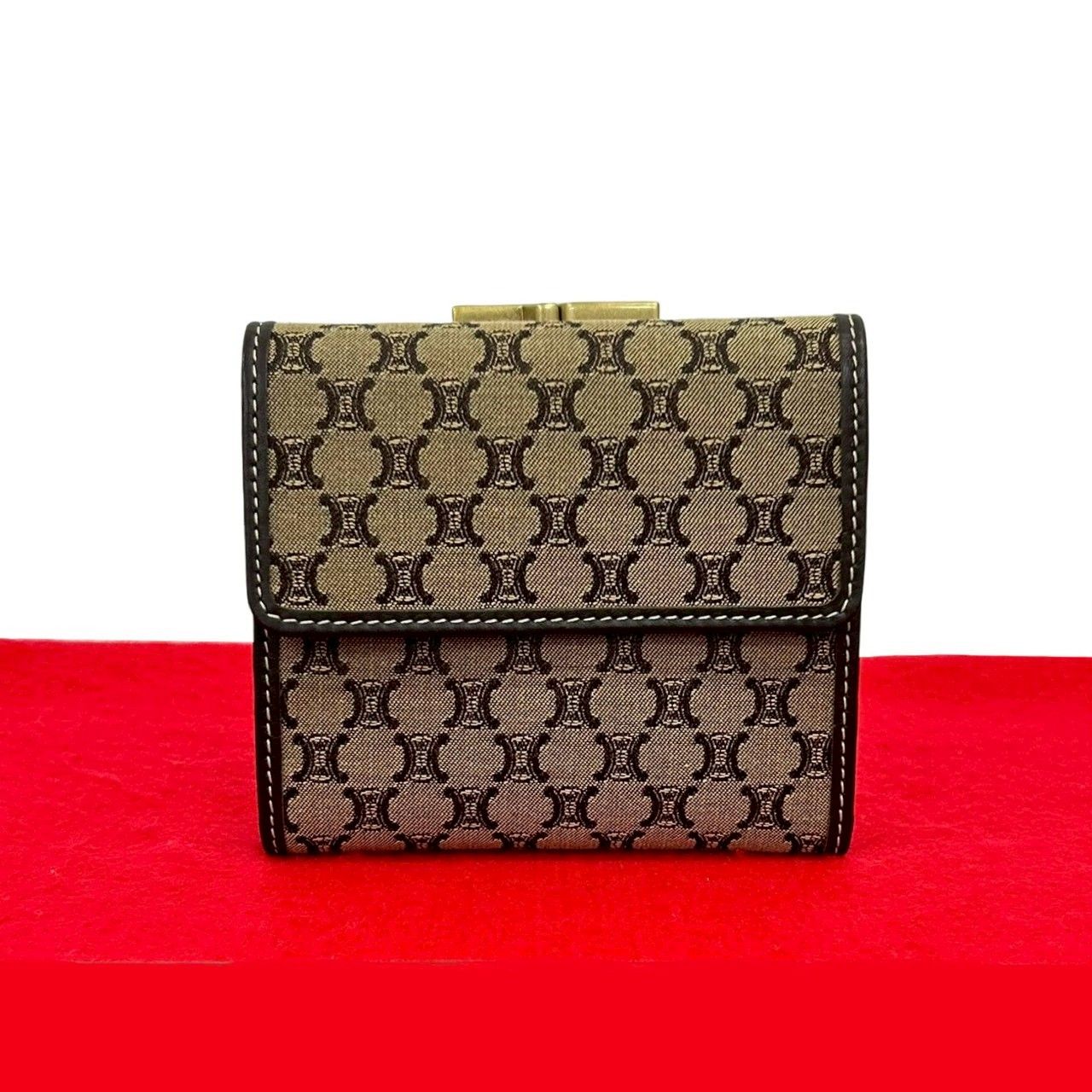 ♥保管品 CELINE セリーヌ マカダム ブラゾン トリオンフ 柄 キャンバス レザー 本革 がま口 三つ折り財布 ウォレット ブラウン 49975