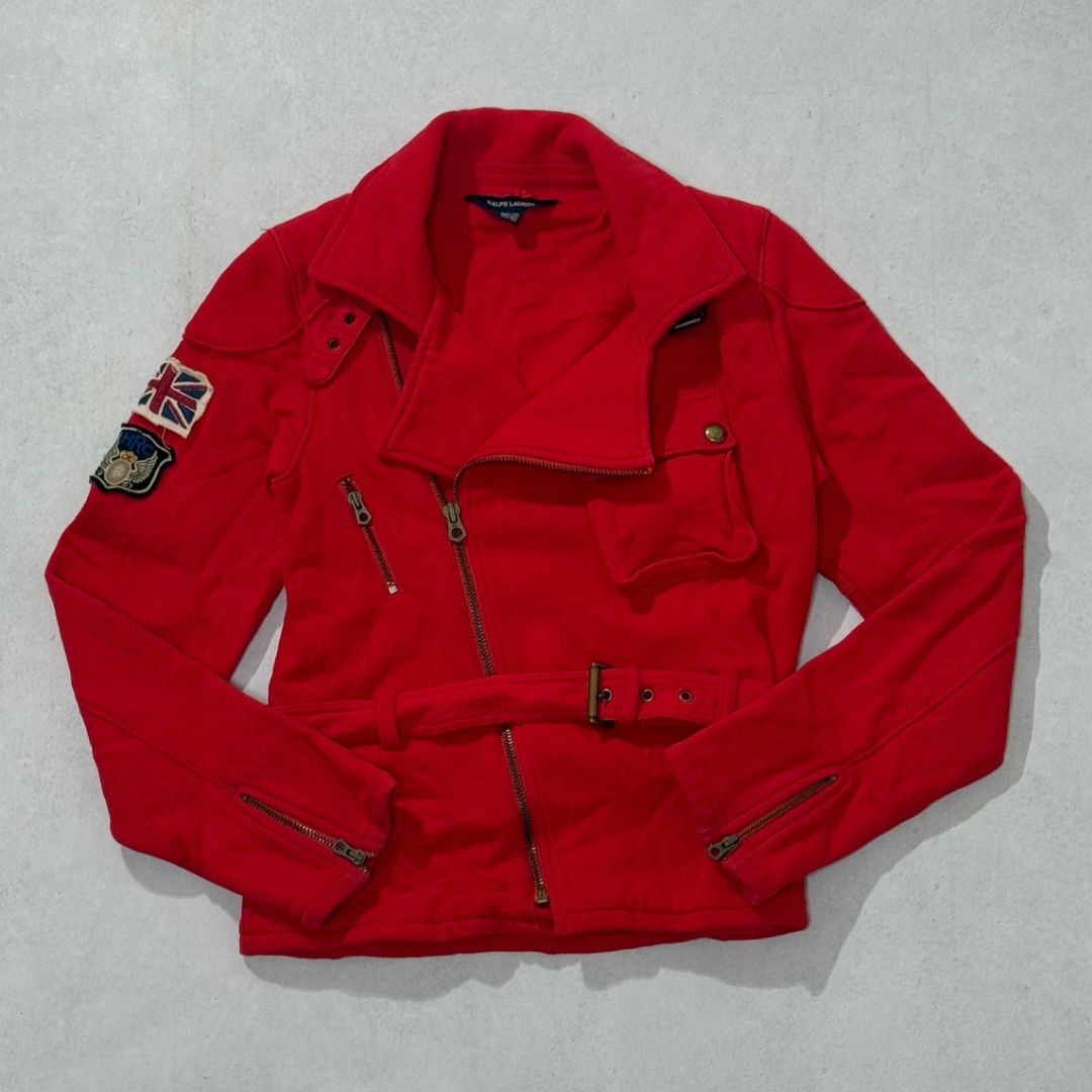 【150cm】Ralph Lauren Sweat Rider's Jacket ラルフローレン　スウェット　生地　ライダース　ジャケット　赤　レッド