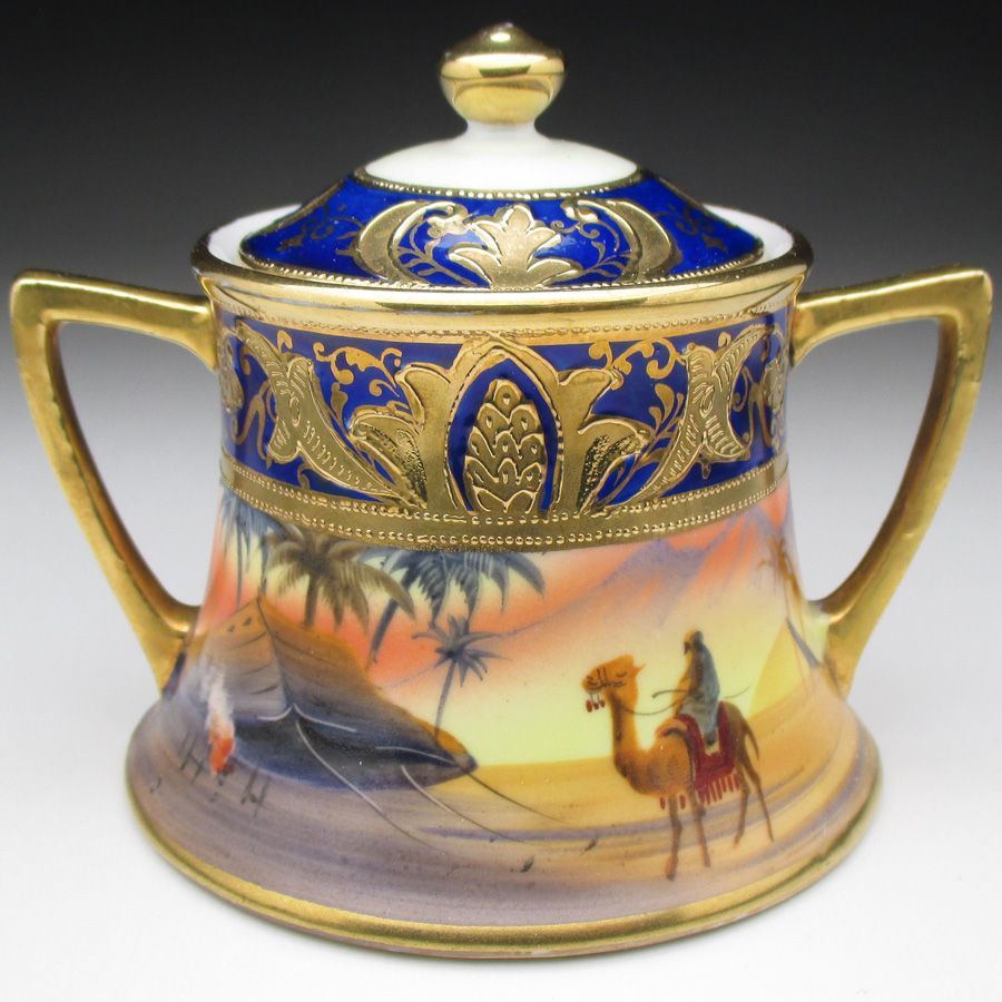 オールドノリタケ コバルト金盛り砂漠風景絵 シュガーポット 蓋物