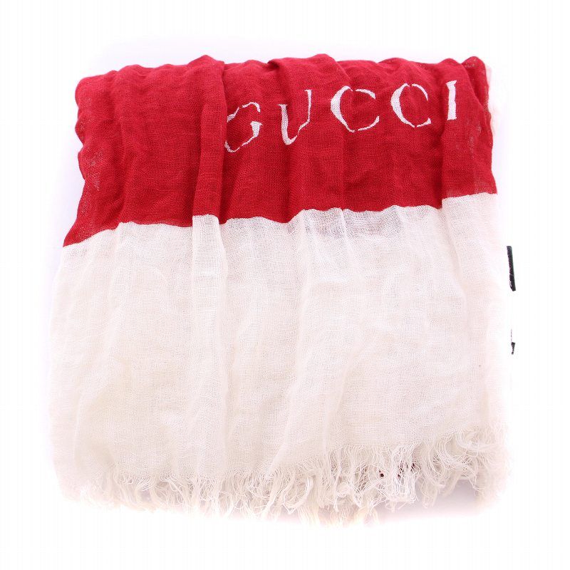 グッチ GUCCI ストール フリンジ ロゴ バイカラー 麻 リネン 赤