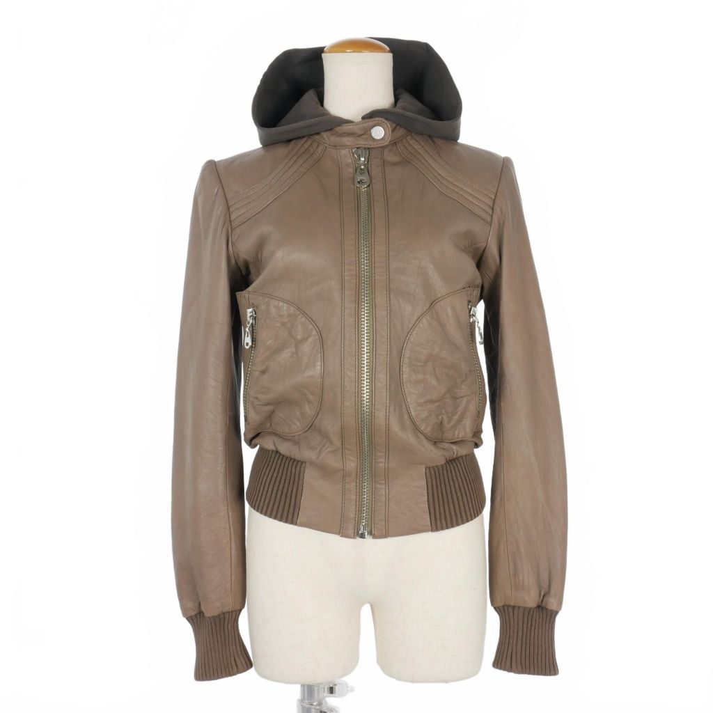 ドーマレザー DOMA LEATHER フード付き レザー ライダースジャケット ブルゾン 羊革 XS 茶 ブラウン