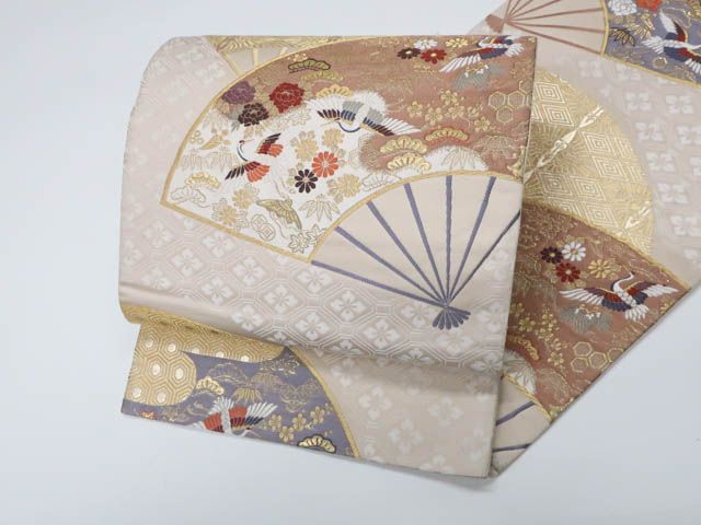 一輝堂】リサイクル着物 袋帯 六通 純金二重箔 扇子に花鳥 正絹