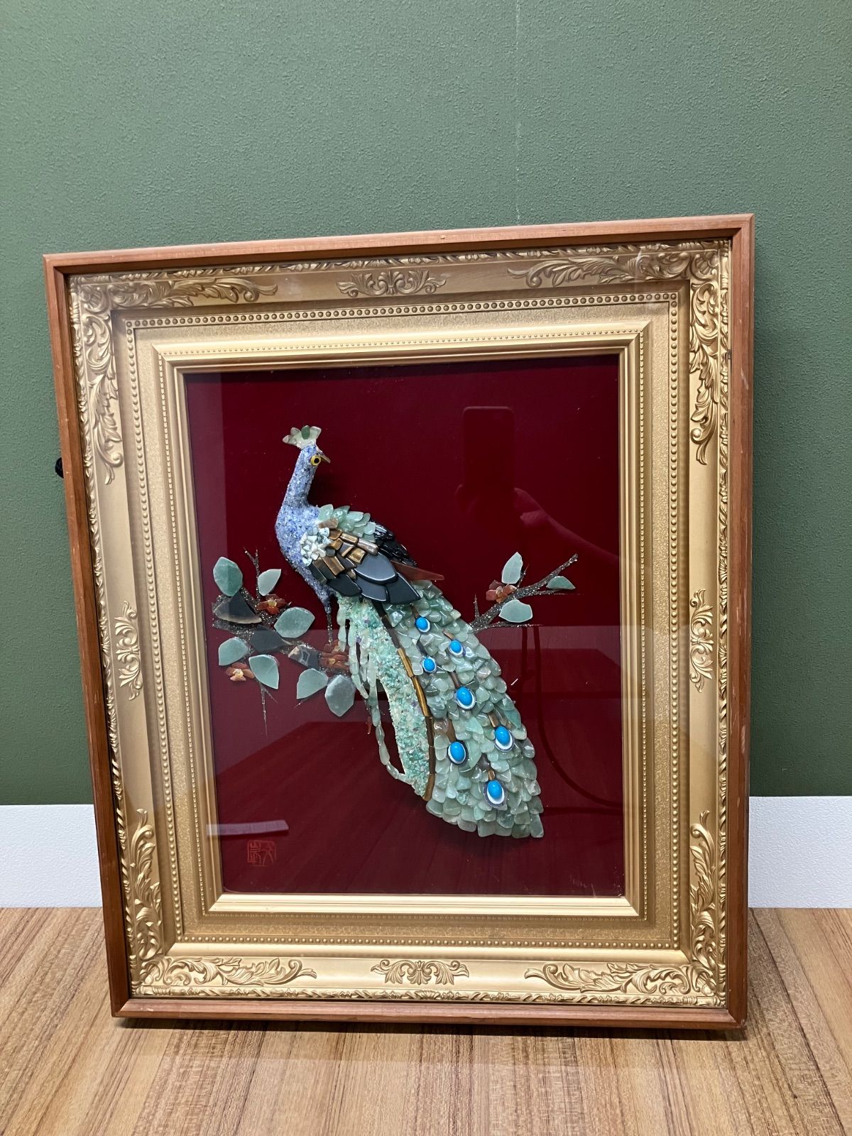 激安／天然石絵画・貴石絵画・アンテーク美術工芸品／孔雀（クジャク］／昭和レトロ 昭和レトロ 天然石絵画・貴石画 アンテーク美術工芸品／孔雀