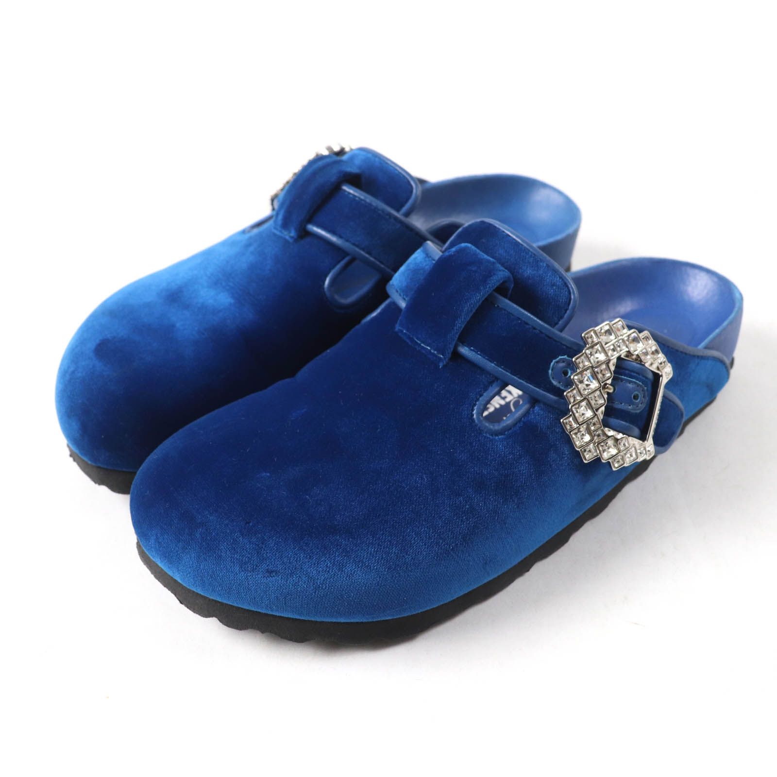 Manolo Blahnik BIRKENSTOCK マノロブラニク ビリケンシュトック コラボ Boston ボストン ベルベット ビジュー フラット サンダル ミュール ブルー 24 レディース