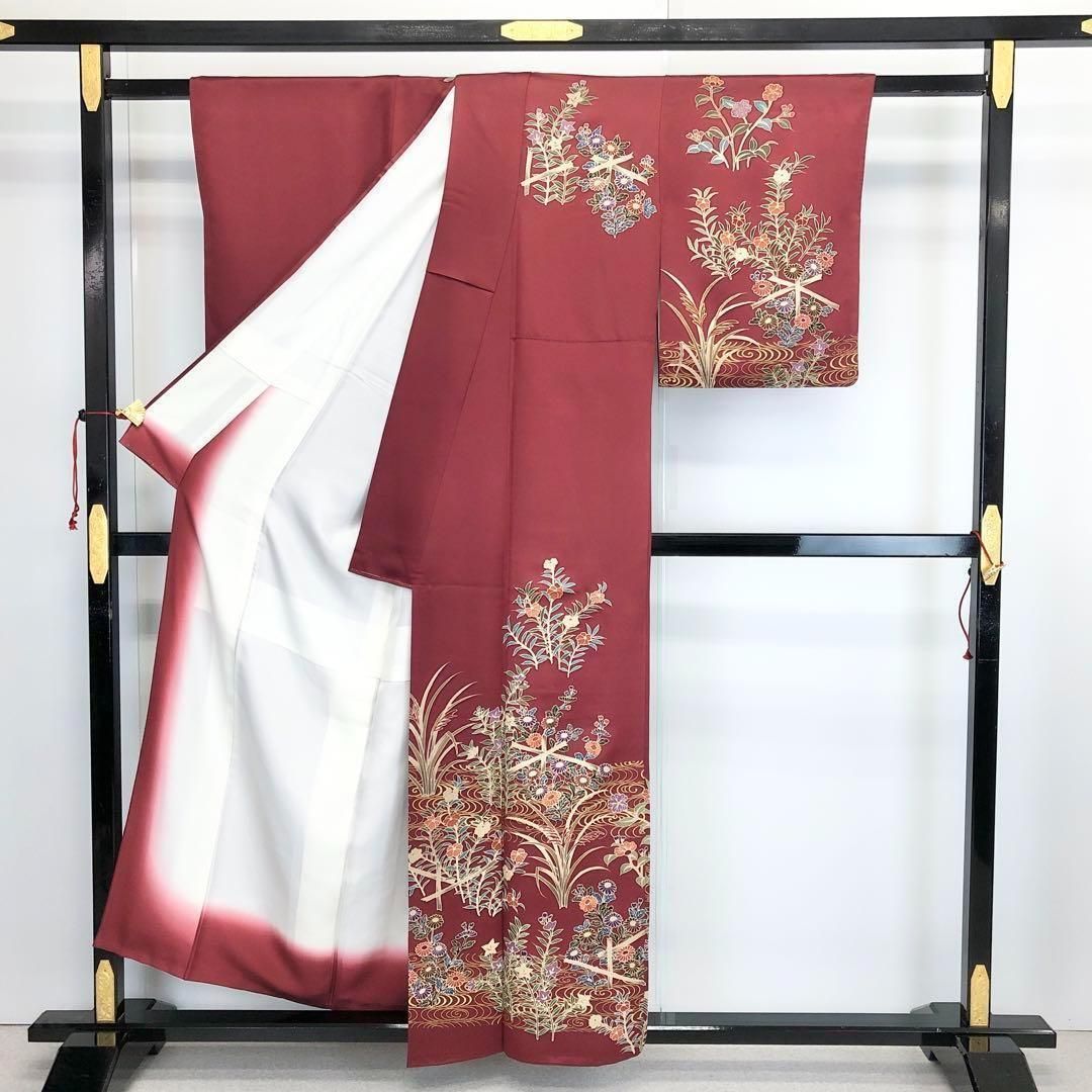 付下げ 花草模様 菊 桔梗 金彩 刺繍 海老色 オンライン K-3656