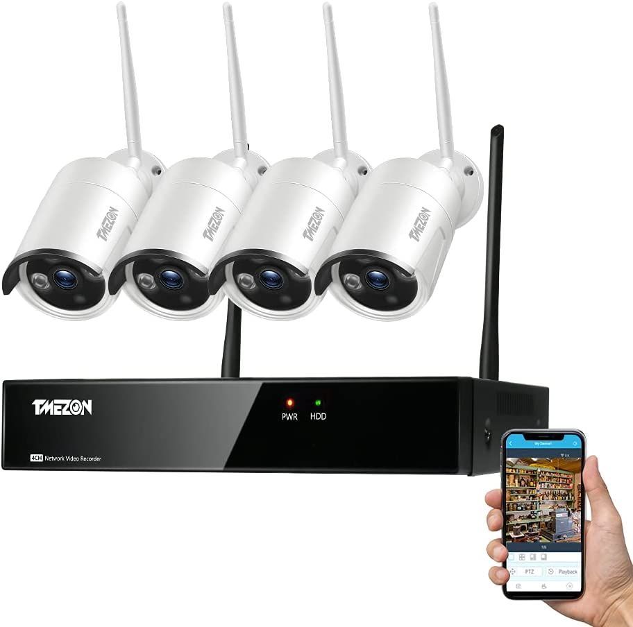 TMEZON ワイヤレス防犯カメラ 300万画素 1080Ｐ 8chレコーダー 4台セットIP6 4台300万画素＋8CH NVR＋NO HDD ホワイト
