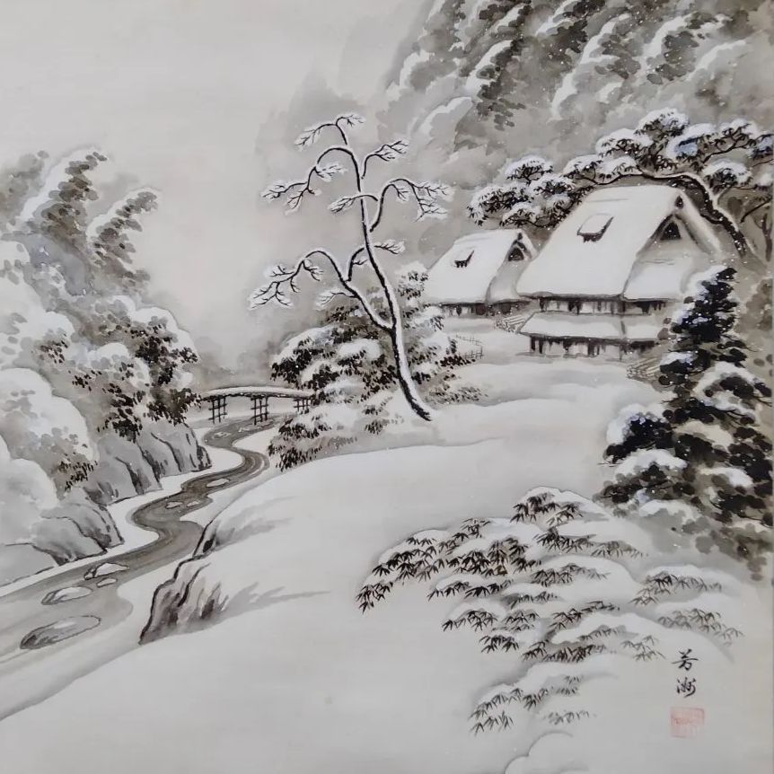 年代物 掛軸】福田 芳洲 画題 『雪溪山水』水墨画 絹本（SNA