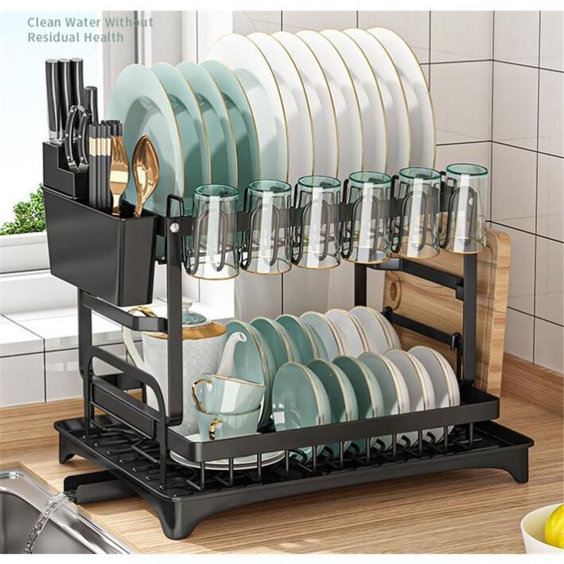 多機能 2段 水切りラック シンク上 大容量 食器乾燥 箸置き 排水ノズル付き シンプルデザイン キッチン用品 台所用