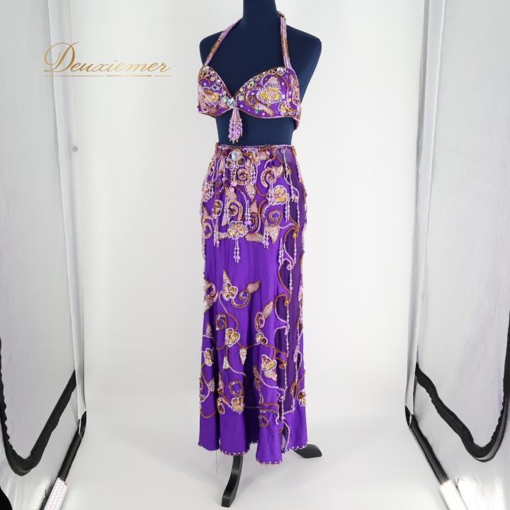 ベリーダンス オリエンタル 衣装 上下セット パープル系 紫 ゴールド系 ラインストーン ビーズ ラメ 装飾 練習 発表会 イベント コスチューム 豪華 鮮やか トップス スカート アクセサリー セット ダンス衣装 おしゃれ 衣装用