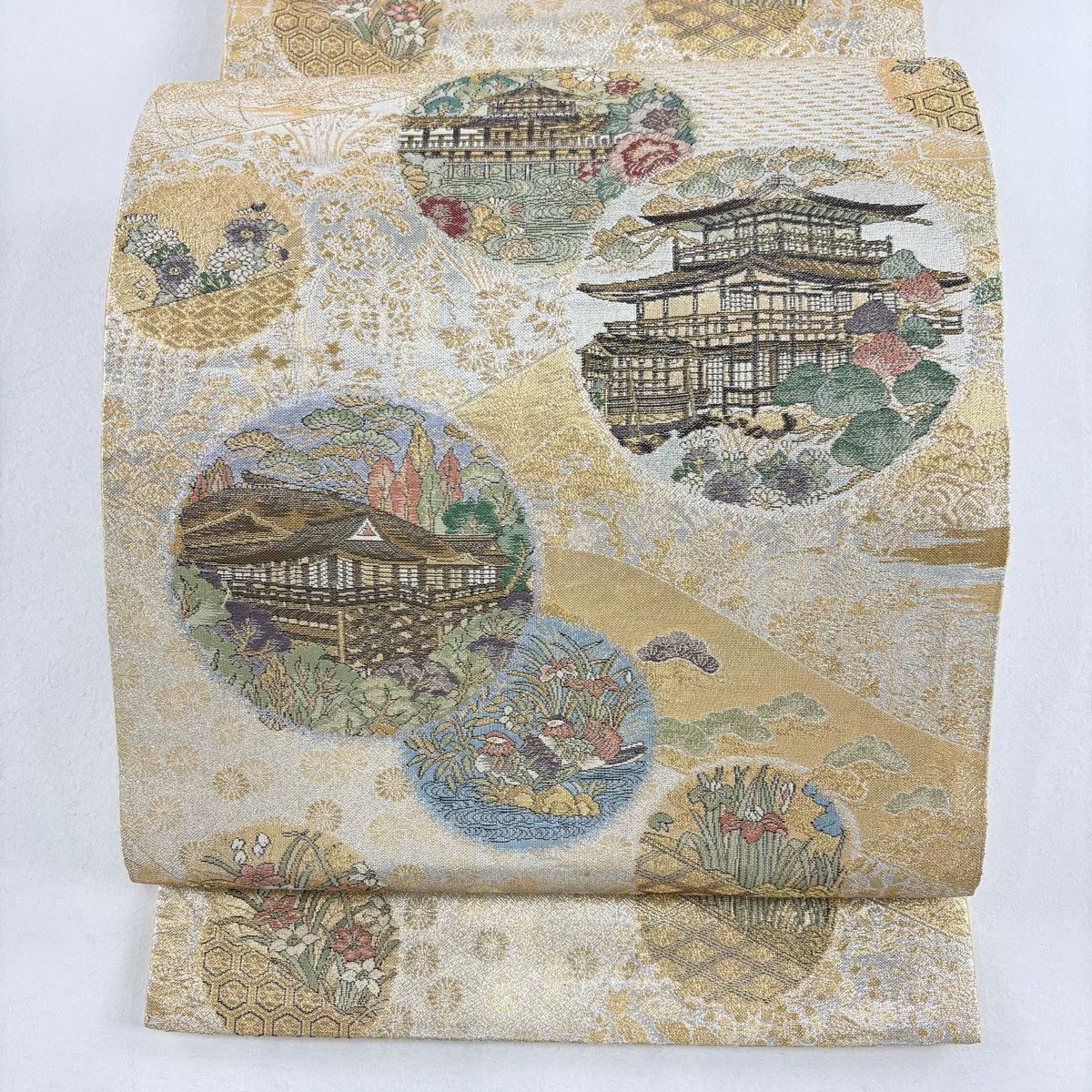 袋帯 秀品 建物 花鳥 金糸 箔 銀色 お太鼓柄 正絹 【中古