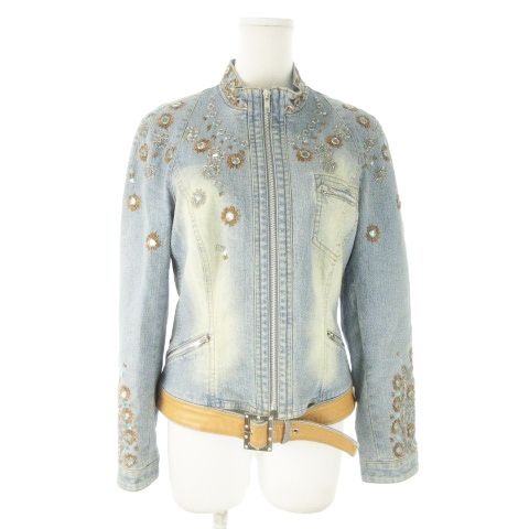 イタリヤ 伊太利屋 GK ジャケット デニム Gジャン ジージャン スタンドカラー ジップアップ ビーズ スパンコール 刺繍 ベルト 7 青 ブルー |AO16 GY44