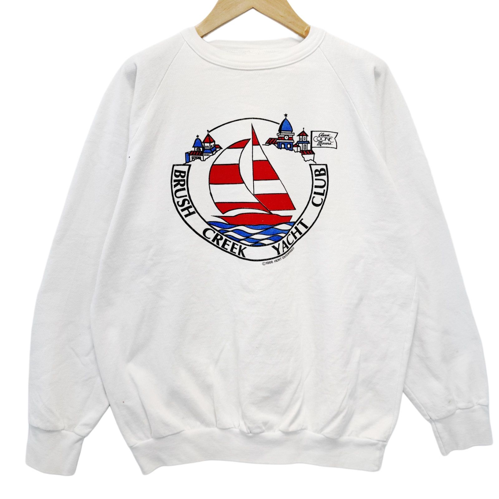 80s 1986年製 USA製 Alere スウェット M相当(表記L) アローレ スエット トレーナー 長袖 ラグラン BRUSH CREEK YACHT CLUB ホワイト Made in USA 古着 H708