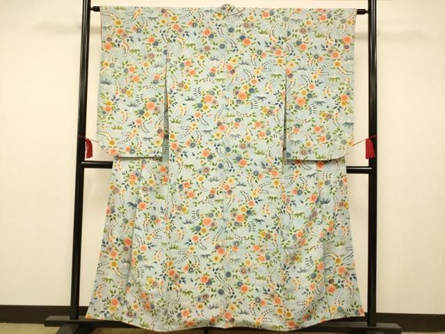 【着物のみ】 裄長】訪問着 袷 しだれ桜に扇 観世水文織出し 絞り 金彩 刺繍