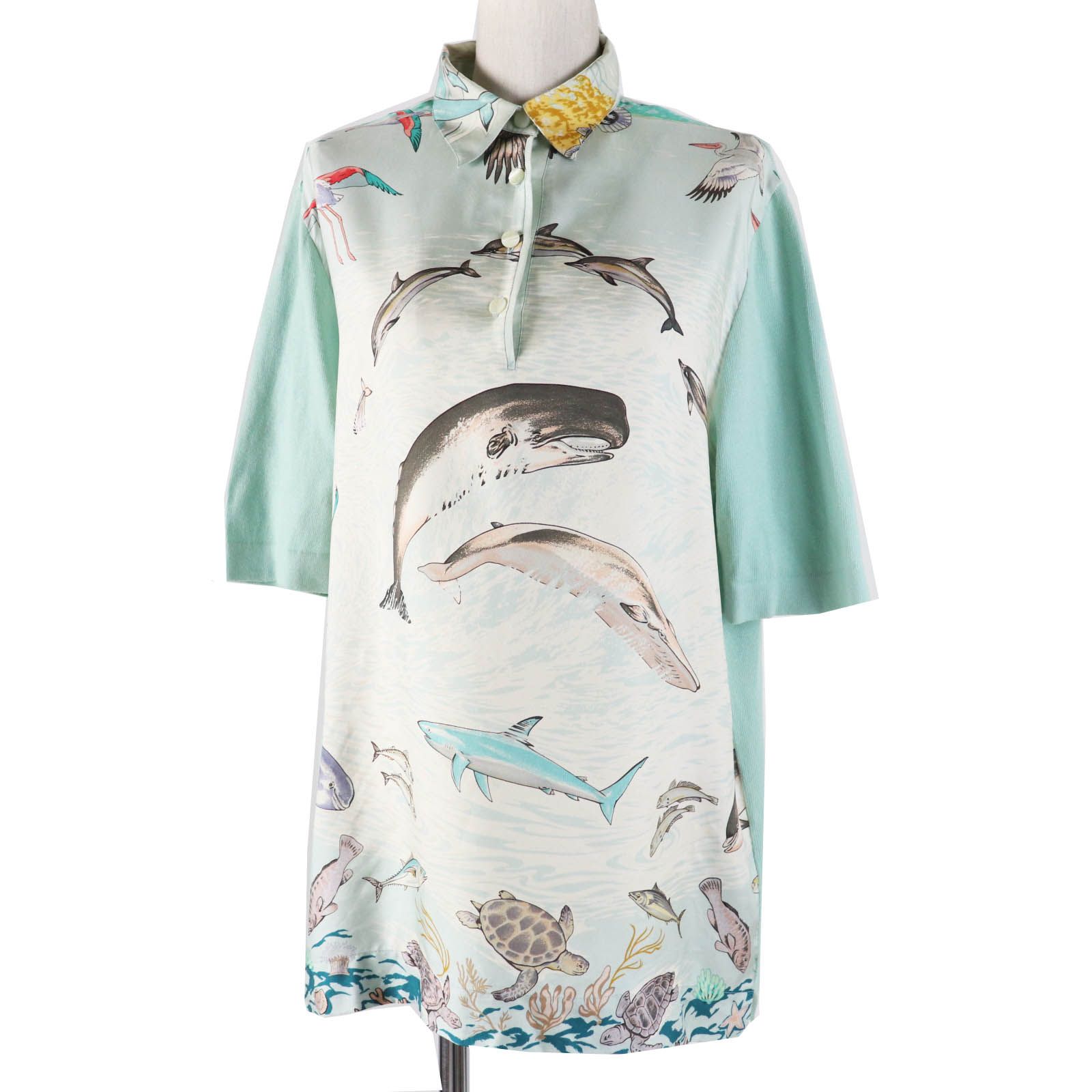 美品◎HERMES エルメス ヴィンテージ La Vie Precieuse de la Mediterranee 　地中海の貴重な命 ツイルレーヌ Hボタン 半袖ポロシャツ M 美品◎HERMES エルメス ヴィンテージ La Vie Precieuse de la