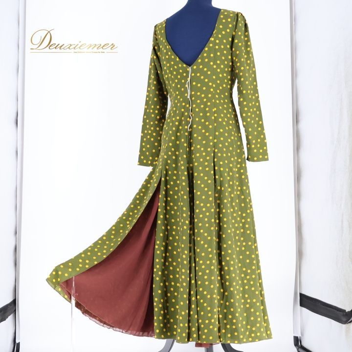 フラメンコ 衣装 ワンピース ドレス ペチコート 緑 カーキ ドット 水玉 茶色 レトロ お洒落 舞台 パーティ 発表会 ブラウン系 グリーン系 スリット おしゃれ 大人 レディース フェス ドレスアップ かわいい 上品 LLC-HASEGAWATOSO_COM