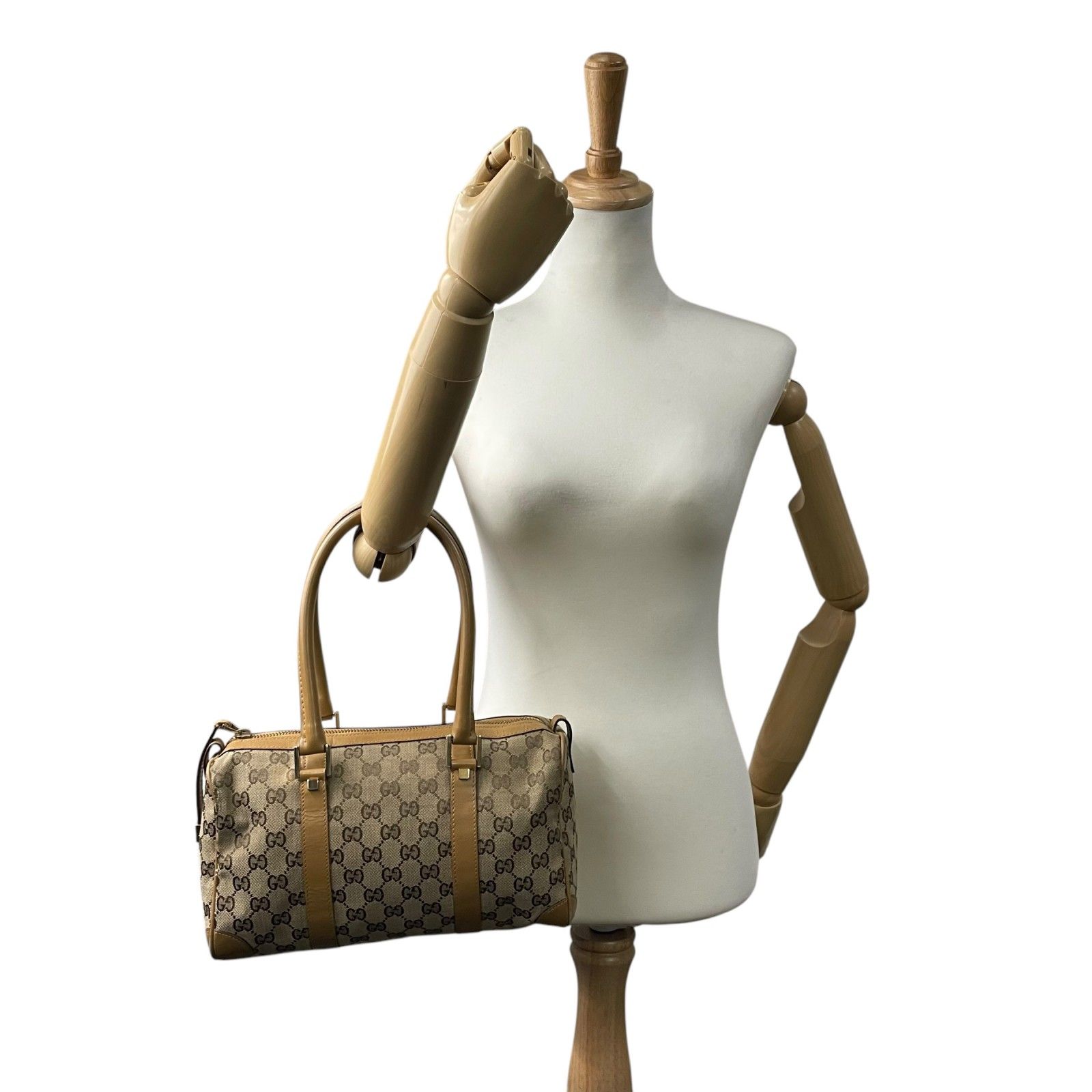 GUCCI ゴールド　ミニボストンバッグ　ハンドバッグ　GGキャンバス　レザー GUCCI ゴールドミニボストンバッグハンドバッグGGキャンバスレザー