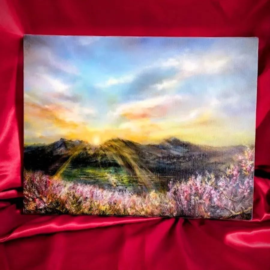 光の黎明」painterTMK画家本人出品 風景画 油絵風景画 日の出 梅の花