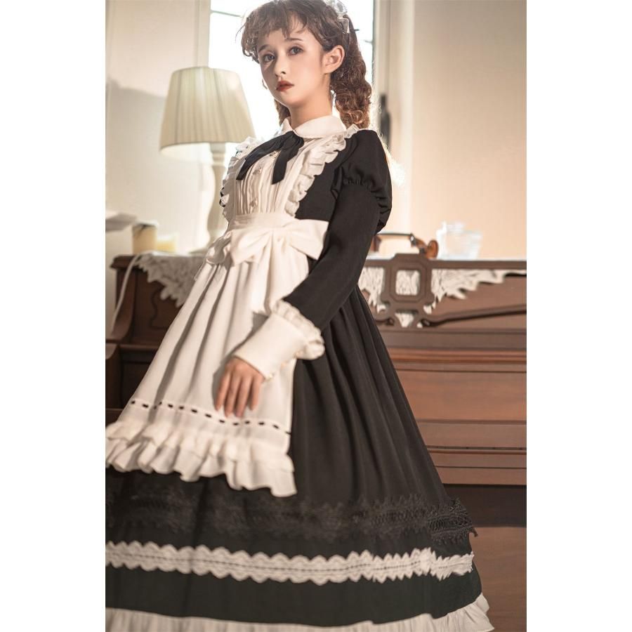 コスプレ メイド服 黒 ブラック 白 ホワイト 華やか メイド 豪華セット レディース ロリータ ワンピース ロリィタ メイド服 ロング クラシック コスプレ ゴシッ　hl1010