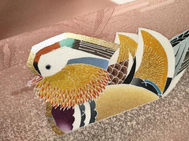 平和屋着物○人間国宝・羽田登喜男 九寸名古屋帯 鴛鴦文 金銀彩 正絹