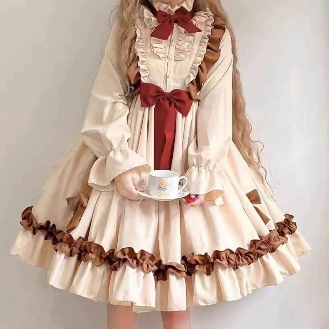 ♥ シンプルロリータワンピース ひざ丈お出かけコーデにリボンが可愛い
