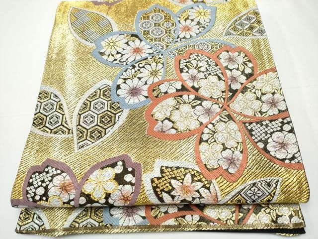 平和屋着物●六通柄袋帯 唐織 舞桜文 金糸 正絹 CAAY2716hy