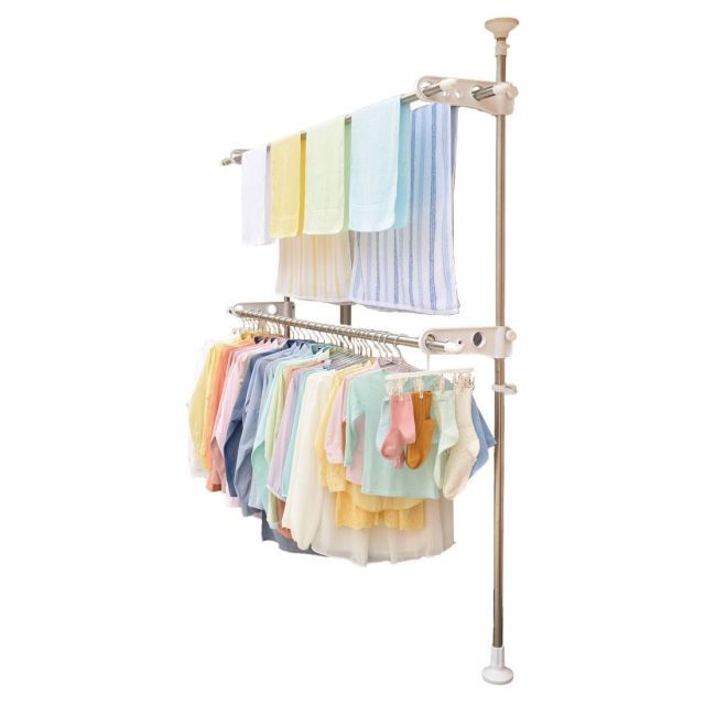 天馬 大きな脚形状と吸盤状クッションでしっかり固定でき 上下に引っ張るだけで簡単設置 洗濯物干し 組立式 屋外用 突っ張り式物干し ベランダ用 ホワイト 幅10×奥行35-58×高さ210-275cm PS-20