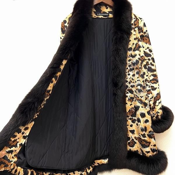 極希少 レオナール ロングコート 裏地キルティング ヒョウ柄 シルク混 9AR wnc レオナール LEONARD コート 9AR 茶系 ヒョウ柄 フォックスファー