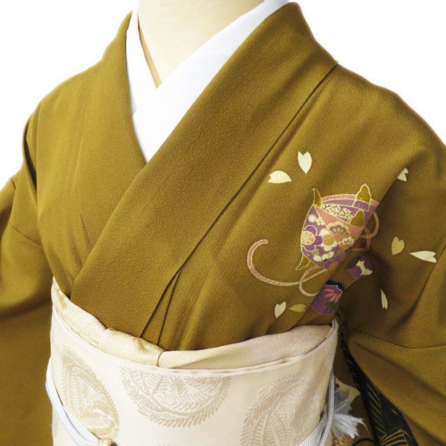 訪問着 着物 中古 正絹 袷 フォーマル 金駒刺繍 花の図 桜 短冊
