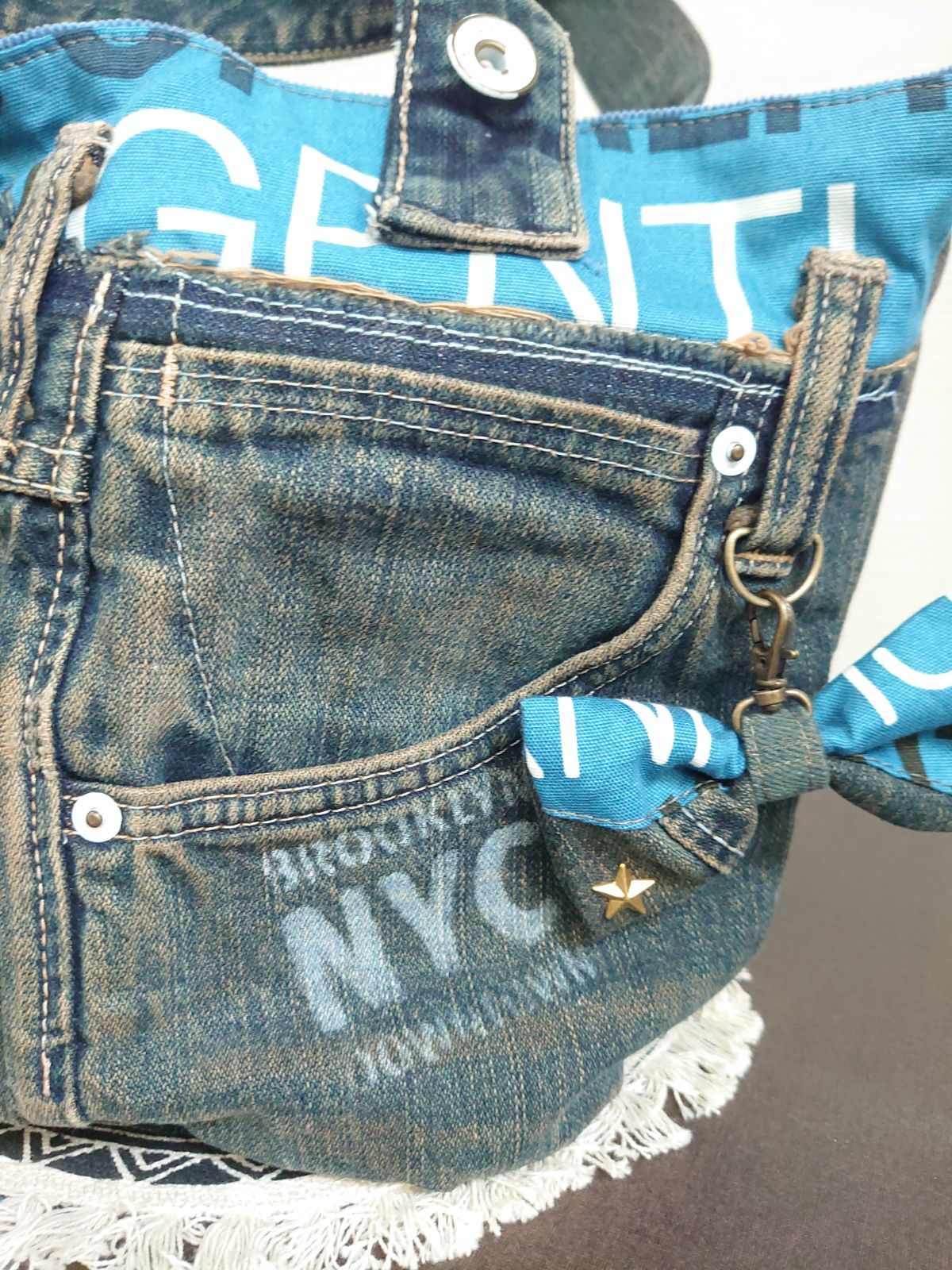 No.105 【DENIM✖️ステンシルblue BAG✨】リボンデニムリメイク No.105 【DENIM✖️ステンシルblue BAG✨】リボンデニムリメイク