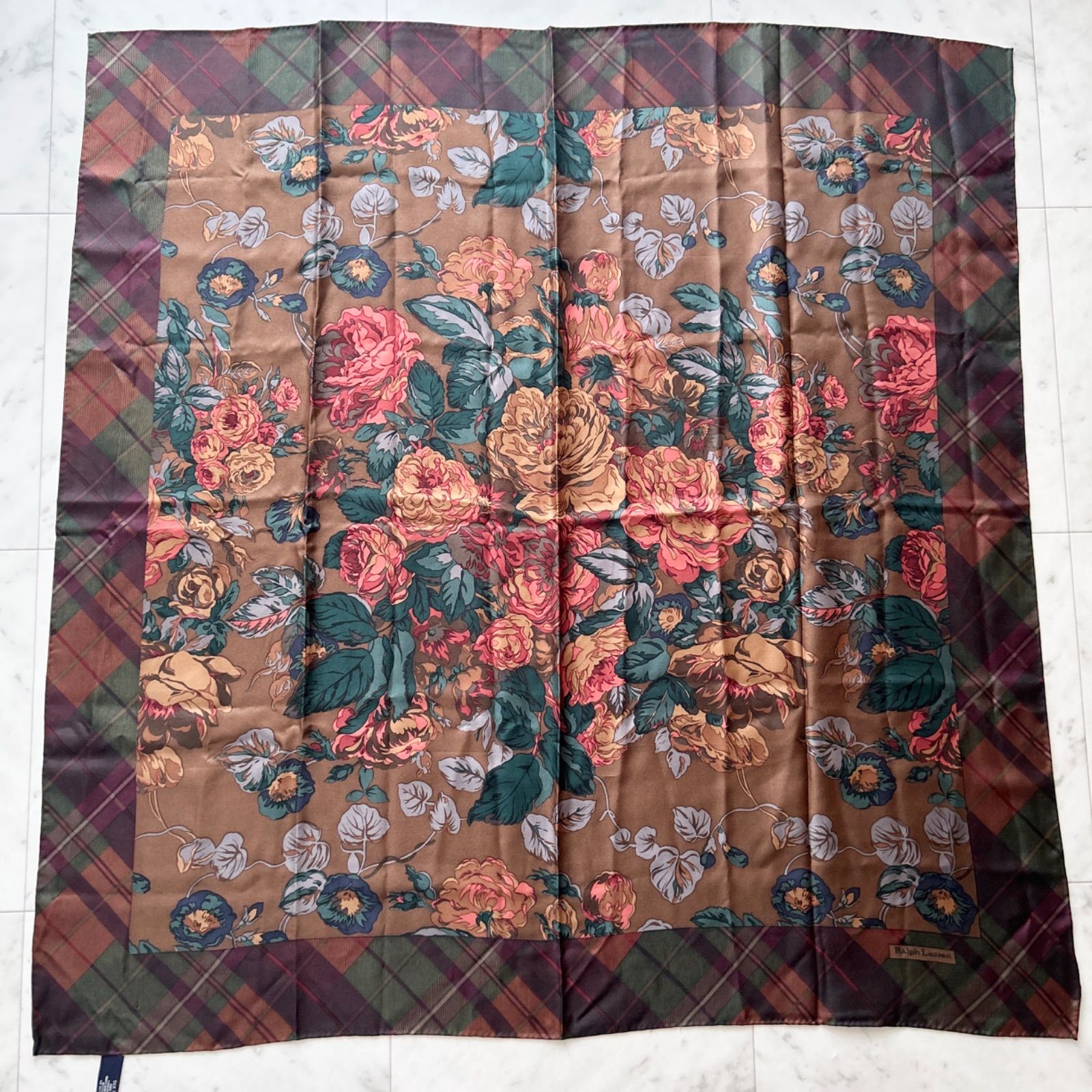 美品 Ralph Lauren 大判シルクスカーフ 花柄 90×90 チェック