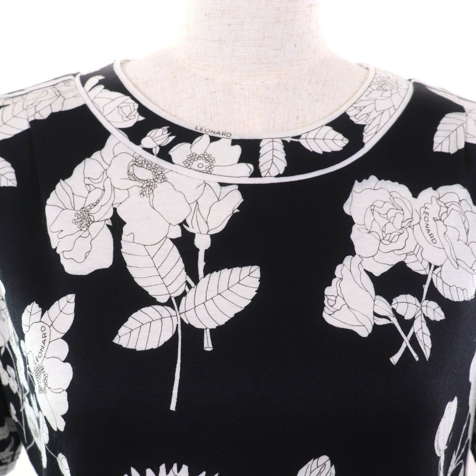 【極美品】LEONARD レオナール 花柄 半袖 カットソー トップス 紺 L 美品☆LEONARD FASHION レオナール ファッション コットン100