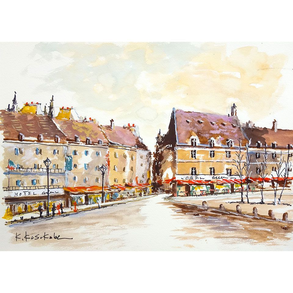 古風な街灯の立つ街並み」水彩画・風景画・イギリス・コッツウォルズ