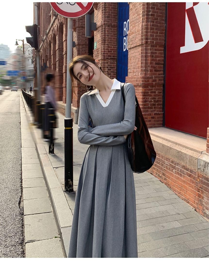 春セクシーコントラストニットドレスロング丈ワンピース