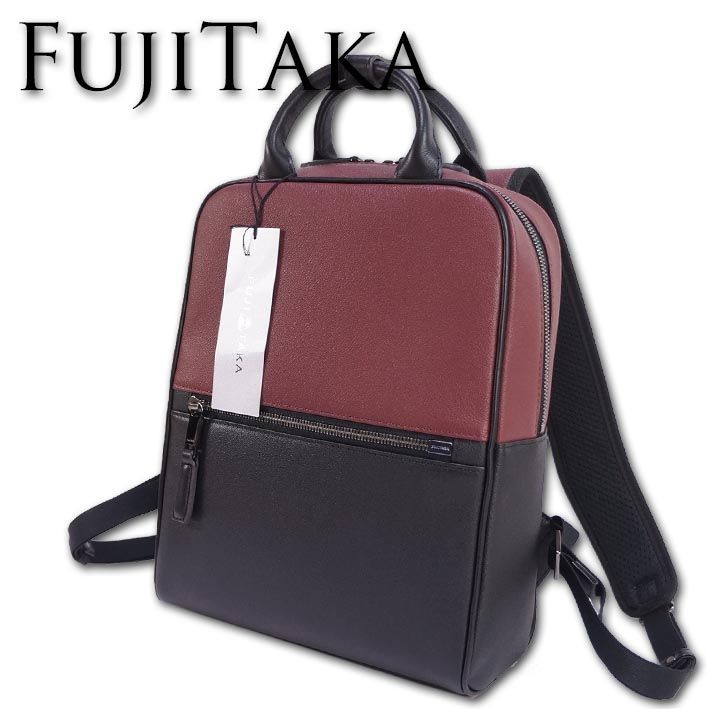 フジタカ FUJITAKA レザー ミニリュック ベリル メンズ ワイン×ブラック 日本製 定価47，300円 牛革 コンパクト サブバッグ 出張 セットアップ機能 30代 40代 50代